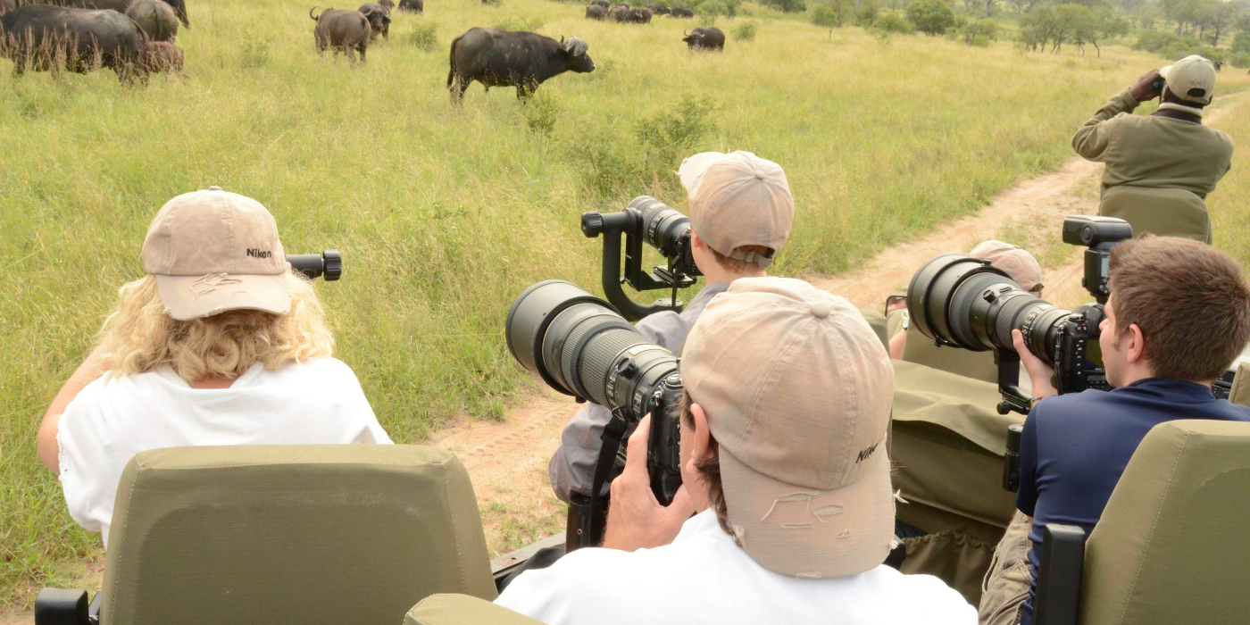 groupe de touristes en safari qui prennent des photos
